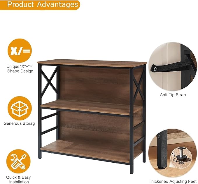 MNEETRUNG Small Bookshelf,3 Tier Industrial Bookcase with Metal Frame and Backboard,Low Rustic Brown Book Shelf,Book case for Small Spaces,Living Room,Bedroom and Home Office