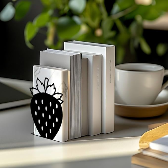 Peacoblue Metal Bookends for Shelves, Modern Decorative Heavy Duty Study Book Support Stoppers for Office, Desk, Shelf, Room 5.3"x4.3"x6.1" Cast Iron Simple Tall Bookends, 1 Pair (Strawberry)