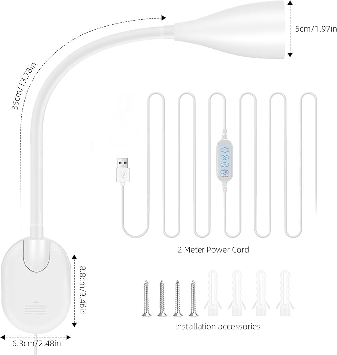 2 Pack LED Wall Mounted Bedside Reading Light, 3 Color Modes,10 Brightness Dimmable, USB Charging Port, Memory Timer Adhesive Wall Light Night Lamp for Books in Bed, Eye-Caring Bedroom Lighting White