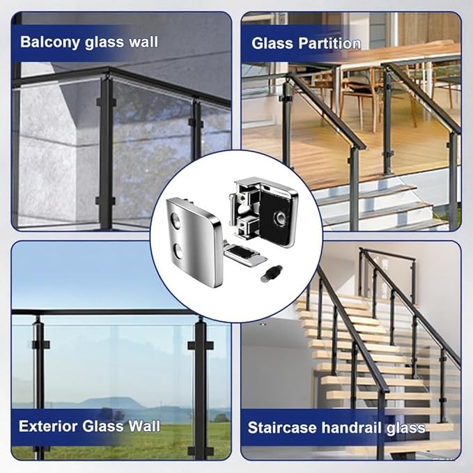 Glass Clamp - 4PCS,for 1/3" to 1/2" Tempered Glass,Stainless Steel 304 Flat Back Square Casting Polished for Indoor/Outdoor Balustrade, Stair Handrail (LIUCHONGYANG99)