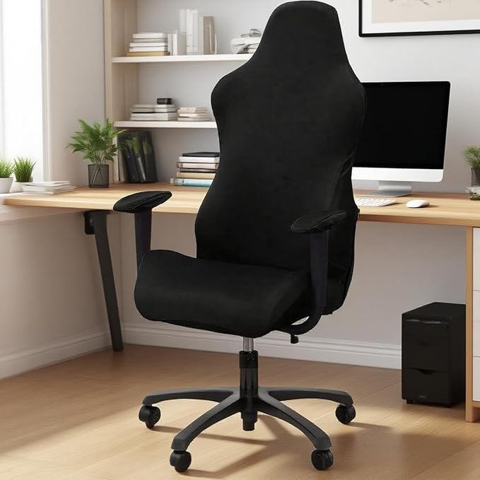Gaming Chair Cover,Removable Office Chair Cover with Zipper,Stretch Anti-dust Universal Rotating,Washable High Back Computer Seat Protector for Pets (Black, Large | Armrests)
