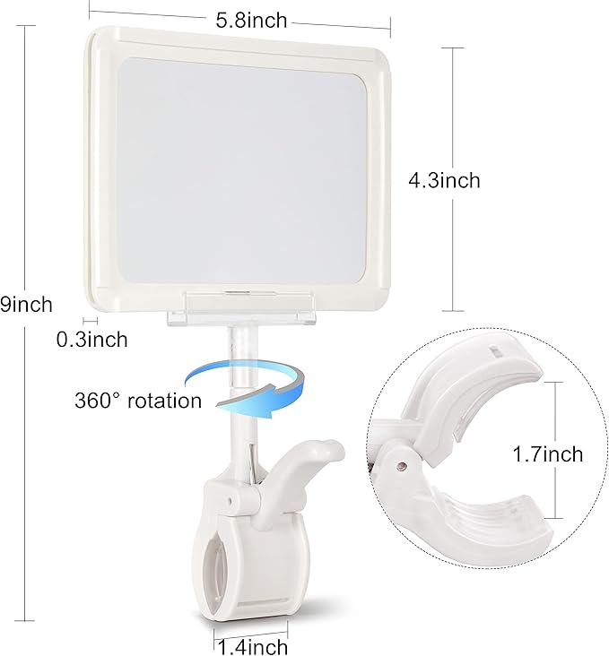 Mlici Acrylic Sign Holder with Clamp, 6 x 9 Inch Double Head Display Clips with PVC Card Protector, Rotating Sign Price Tag Clip On Sign Display for Hangrails or Tubes (Pack of 7) (White)