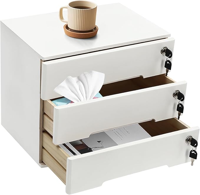 Wooden Desk Organizer with Drawers & Lock, Desktop Countertop Storage Cabinet Lockable Home Office Supplies File Tabletop Organizing Unit (3 Drawers - Modern White)