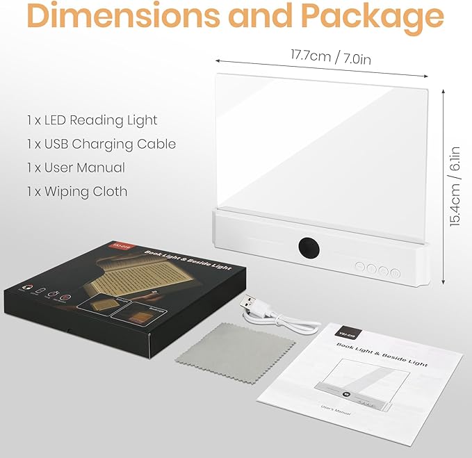 Flat Book Light, Rechargeable Clear LED Smart Reading Light with 3 Colors & Timer, Dimmable Full Page Panel Plate Lamp, Eye Protection, Portable Flat Reading Light for Bedside, Travel, Study (White)