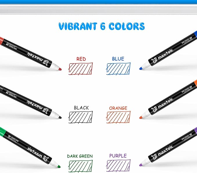 maxtek 24 Count Magnetic Dry Erase Markers, Fine Tip, 6 Colors Whiteboard Markers with Built-in Eraser, Low Odor Thin Markers