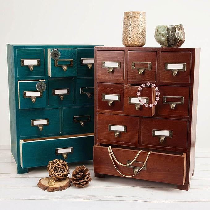 Apothecary Drawers Wooden Apothecary Cabinet with Drawers & Labels Rustic Library Card Catalog Cabinet Wooden Storage Box Desktop Organizer Herbal、Tea Bag、Jewelry Storage(Brown)