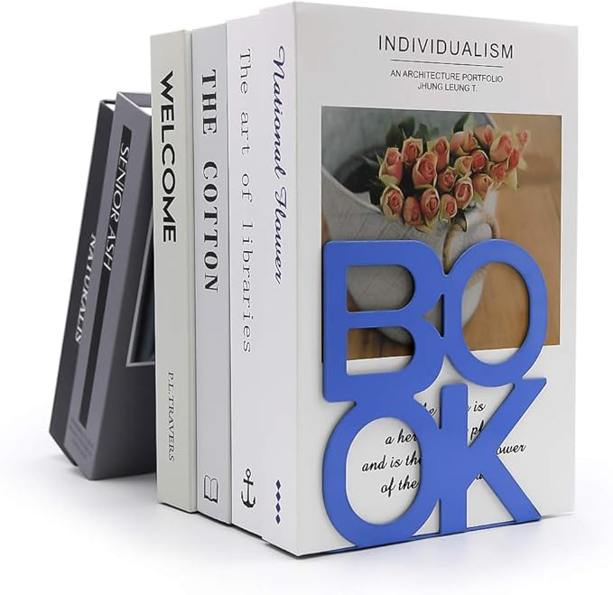 Book Ends - Decorative Metal Book Ends Supports for Bookrack Desk,Books, Unique Appearance Design,Heavy Duty (Blue, 4 Pair)