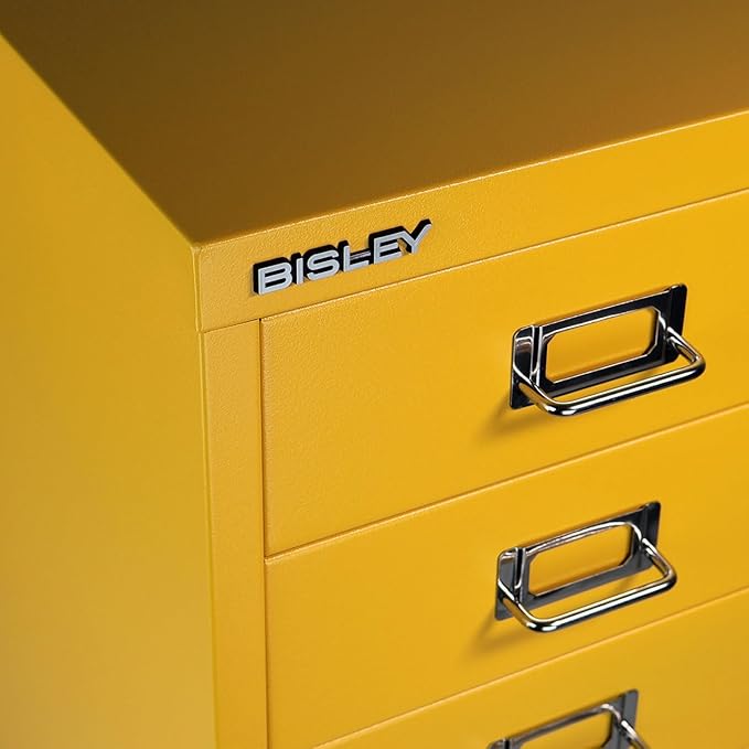 Bisley 6-Drawer Steel MultiDrawer Cabinet - Golden Sunflower Yellow, Chrome Pull Handles with Label Holders, Powder-Coated Steel, Removable Drawers, Fits Under Most Desks, Labels Included