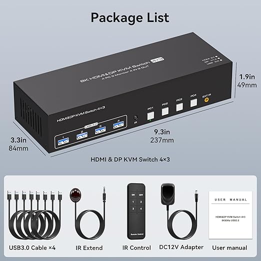 4K144Hz HDMI + 2 Displayport KVM Switch 3 Monitors 4 Computers 8K KVM Switches Triple Monitor for Four Computer Share 3 Display and Four USB 3.0 Ports Support Extended/Copy Mode with Infrared Remote