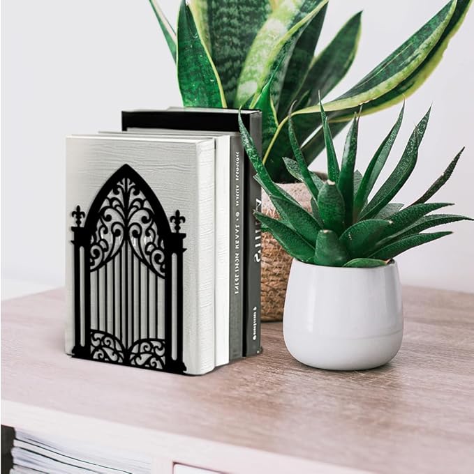 Peacoblue Metal Bookends for Shelves, Modern Decorative Heavy Duty Study Book Support Stoppers for Office, Desk, Shelf, Room 5.3"x4.3"x7.3" Cast Iron Simple Tall Bookends, 1 Pair (Gothic Gate)