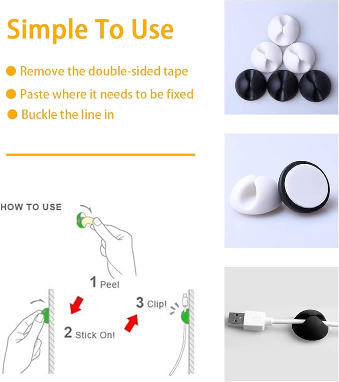 LOMILY Cable Clips Organizer - Desktop Cable Holder, Cord Clips for Computer, Office, Nightstand, Table, Cubicle (3 Black + 3 White)