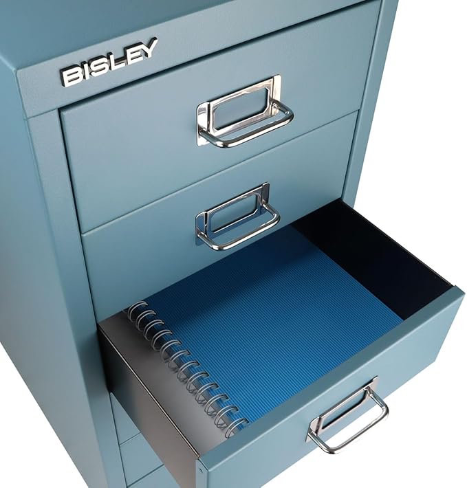 Bisley 6-Drawer Steel MultiDrawer Cabinet - Doulton Blue, Chrome Pull Handles with Label Holders, Powder-Coated Steel, Removable Drawers, Fits Under Most Desks, Labels Included