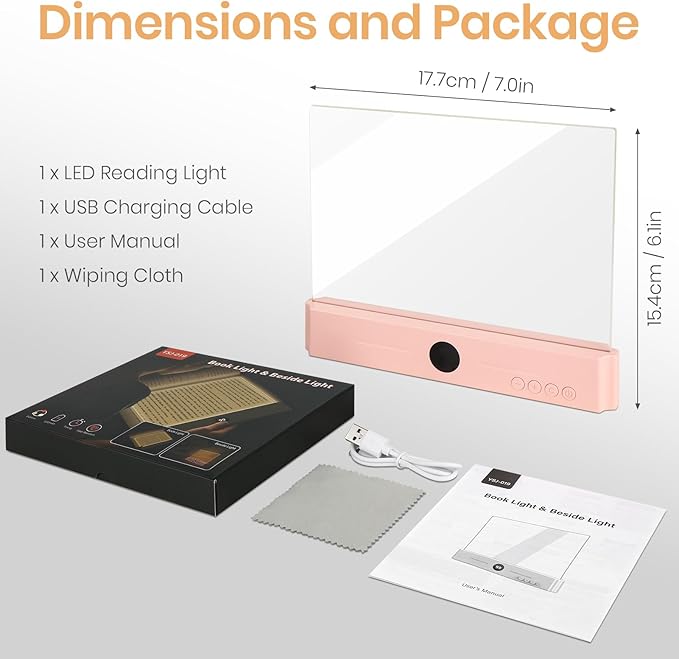 Flat Book Light, Rechargeable Clear LED Smart Reading Light with 3 Colors & Timer, Dimmable Full Page Panel Plate Lamp, Eye Protection, Portable Flat Reading Light for Bedside, Travel, Study (Pink)