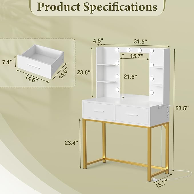 YESHOMY Vanity Desk with Mirror, Makeup Table with 2 Large Drawers, Power Outlet and Round Holder, 3 Color Modes Adjustable Bulb, Pure White & Gold Frame