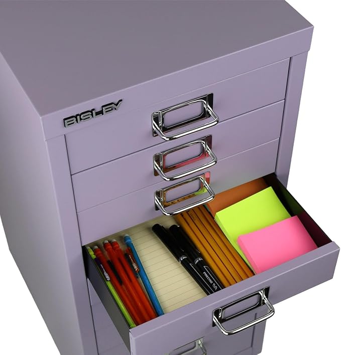 Bisley 10-Drawer Steel MultiDrawer Cabinet - Lilac, Chrome Pull Handles with Label Holders, Powder-Coated Steel, Removable Drawers, Fits Under Most Desks, Labels Included
