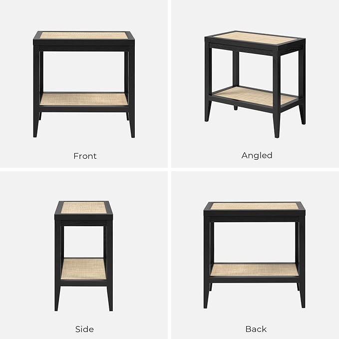 SICOTAS Rattan Nightstand Bedside Table - Farmhouse Boho Narrow Accent End Table with 2 Open Rattan Shelves for Bedroom, Living Room, Small Spaces - Black Oak