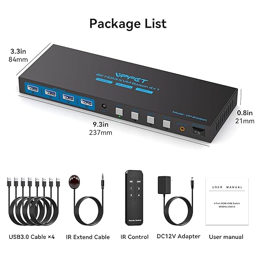 4K120Hz KVM Switch 4 Computers 1 Monitor HDMI 8K KVM Switches 4 Port Share Single Monitor and 4 USB 3.0 Devices Such as Mouse, Keyboard, Printer, Comes with EDID Function and a Controller