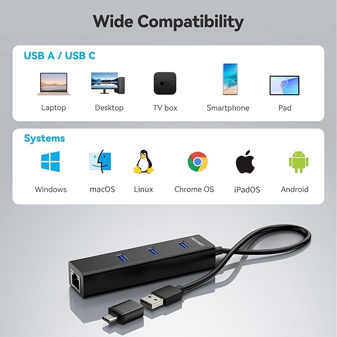 TECKNET USB C to Ethernet, Aluminum 3 Port USB 3.0 Hub with RJ45 10/100/1000 Gigabit Ethernet Adapter Converter LAN Wired Network Adapter for Laptop