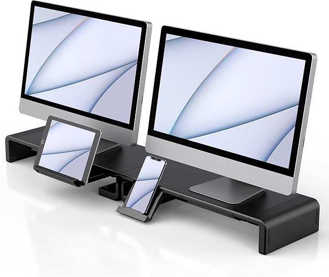 Monitor Stand Riser, Klearlook Foldable Computer Monitor Riser, Height Adjustable Computer Stand, Desk Shelf Riser with Storage Drawer & Tablet Phone Stand for Computer, Desktop, Laptop (Black 2 Pack)