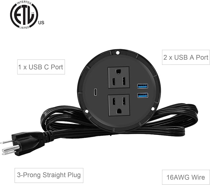 Kungfuking Desktop Power Grommet with PD 20W USB C,Recessed Power Outlets with 2 AC Plugs and 3 USB Charging Ports,Hidden Power Strip for Office Kitchen Cabinet Conference Room