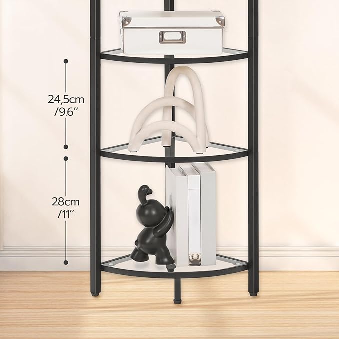 HOOBRO 5-Tier Corner Shelf Stand, Gold Corner Bookshelf, Tempered Glass Shelves, Bathroom Organizer, Corner Plant Stand, for Living Room, Study, Balcony, Home Office, Modern Style, Black BK15CJ01