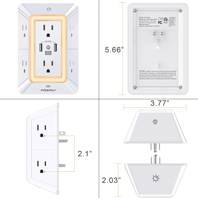POWRUI Multi Plug 6 Outlet Surge Protector Extender with 3 USB Ports (1 USB C) and Night Light, 3-Sided Power Strip with Adapter Spaced Outlets, ETL Listed, White