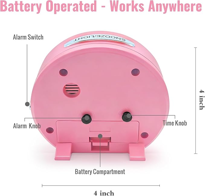 Lamisola Small Desk Clock, Battery Operated Travel Clock, Pink Analog Alarm Clock for Bedroom Home Office Bathroom Kitchen, Silent Large Display- Pink