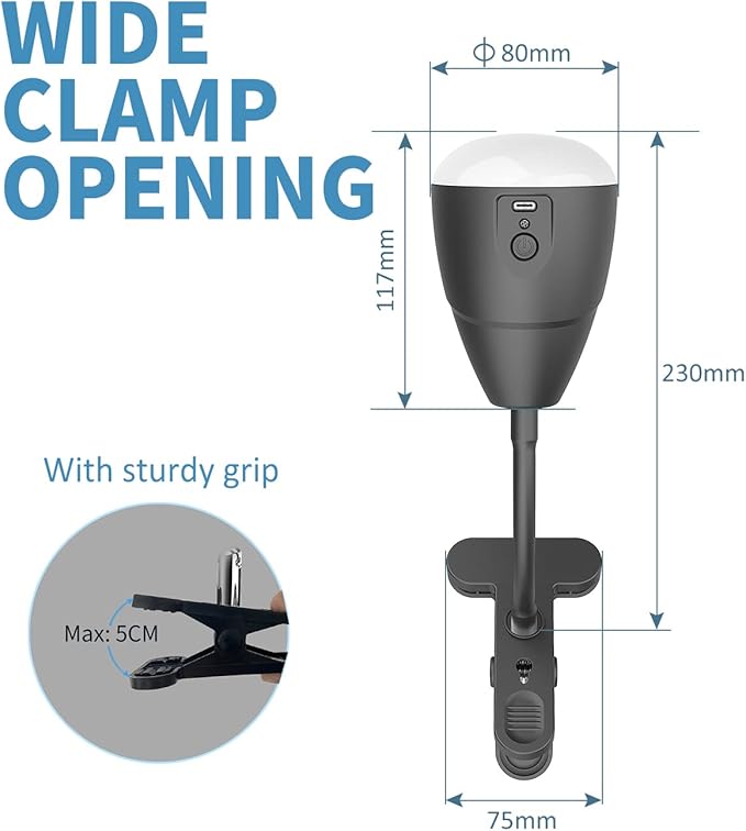 Clip on Light, Rechargeable Desk Lamp, 10 Brightness Levels, 3 Color Modes, 5000mAh Battery Operated, Cordless Reading Lamp with Clamp for Bed, Headboard, Bedside Table