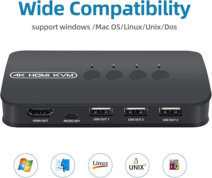 4K HDMI KVM Switch, 4 Port HDMI USB Switch for 4 Computer Share a 4K@30Hz Monitor and 3 USB Device Keyboard Mouse Printer, Including 4 KVM Cables