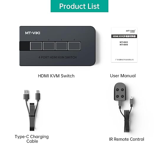 MT-VIKI KVM Switch HDMI 4 Port Boxes, 4K@30Hz USB HDMI KVM Console for 4 PCs Share 1 HD Monitor and Keyboard Mouse, Button + Desktop Selector Switching