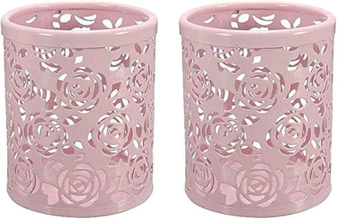 CTKcom 2 Pack Hollow Rose Flower Pattern Metal Pen Pencil Pot Cup Holder Desk Container Organizer,2 Pieces,Pink