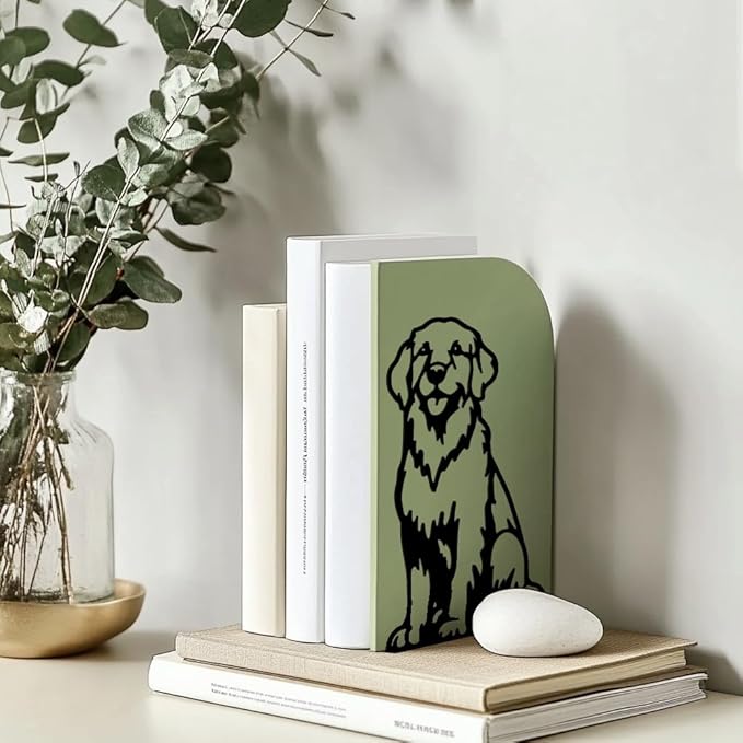 Peacoblue Metal Bookends for Shelves, Modern Decorative Heavy Duty Study Book Support Stoppers for Office, Desk, Shelf, Room 5.3"x4.3"x7.9" Cast Iron Simple Tall Bookends, 1 Pair (Golden Retriever)