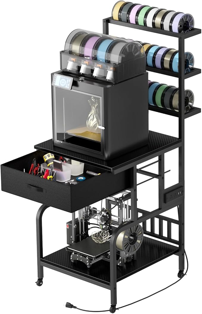 3D Printer Stand with Filament Storage,3D Printer Rack with Storage Drawer,Heavy-Duty 3D Printers Table with Power Outlet,for ABS/PLA/TPU Spools, Home Office Studi