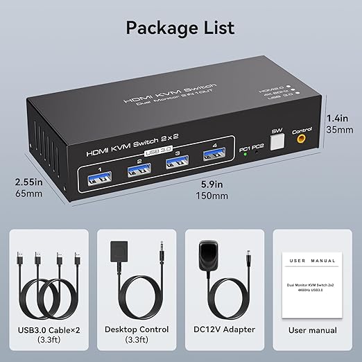 HDMI KVM Switch 2 Monitors 2 Computers Support 4K@60Hz USB 3.0 KVM Switches Share Dual Monitors and 4 USB 3.0 Ports Support Extended/Copy Mode with DC 12V Adapter&Wired Controller
