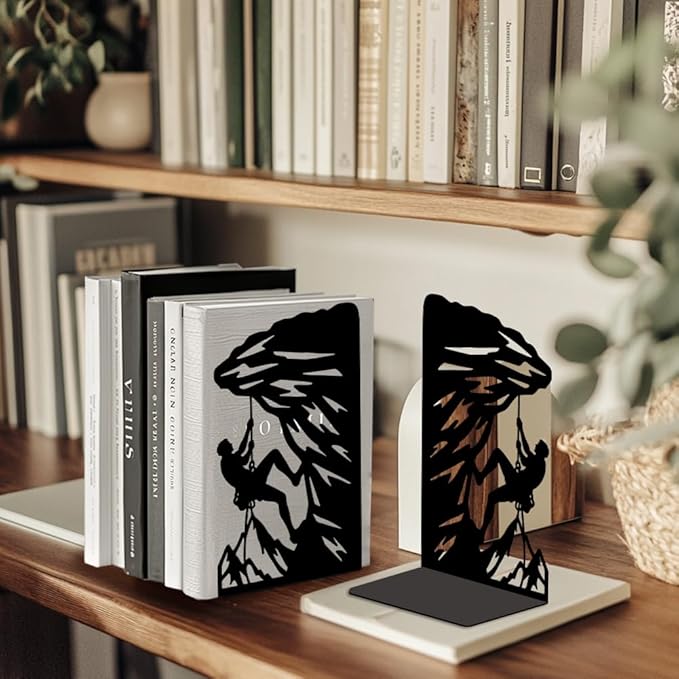 Peacoblue Metal Bookends for Shelves, Modern Decorative Heavy Duty Study Book Ends Stoppers for Office, Desk, Shelf, Room 5.3"x4.3"x7.9" Cast Iron Simple Tall Bookends 1 Pair (Rock Climbing)