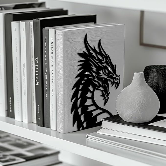 Peacoblue Metal Bookends for Shelves, Modern Decorative Heavy Duty Study Book Support Stoppers for Office, Desk, Shelf, Room 5.3"x4.3"x7.9" Cast Iron Simple Tall Bookends, 1 Pair (Dragon Head)