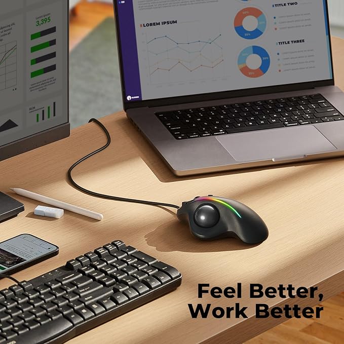 Wired Trackball Mouse with RGB Lighting, Ergonomic Thumb Control to Reduce Muscle Strain, 5 Adjustable DPI, Dual USB-C & USB-A Connectivity, Compatible with PC, Laptop, Mac, Windows (C-Black)