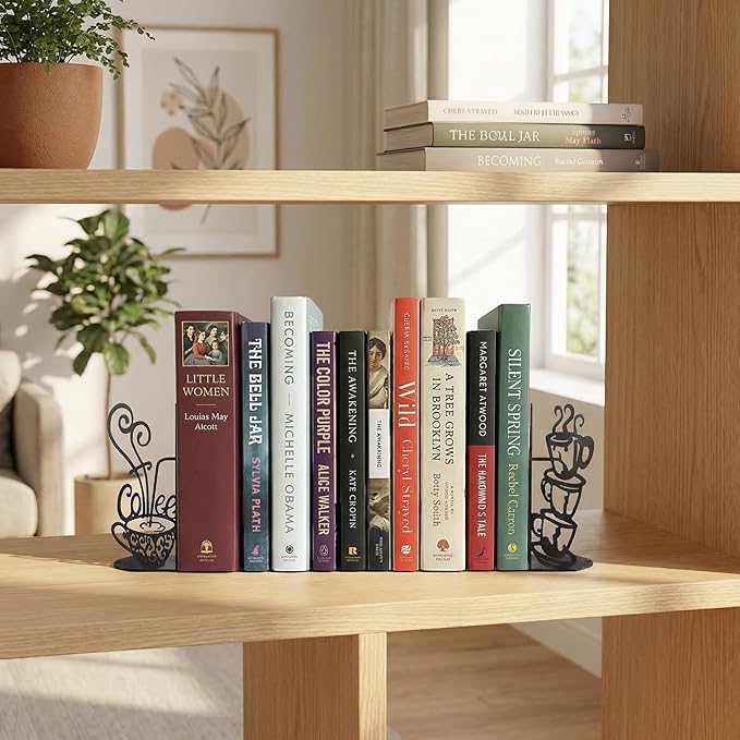 ENCIMART Metal Bookends Creative Coffee Bookends Decorative Cute Kitchen Book Ends for Shelves Bookshelf Home Office Desk Reading Decor Bookshelf Decor for Book Lovers Gift