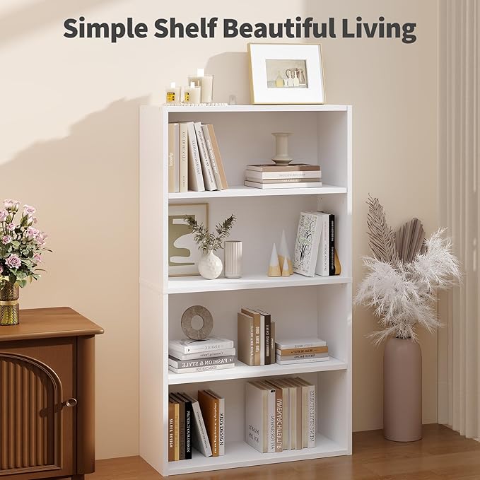 Sweetcrispy Industrial 4 Shelf Bookcase - Large 42.1 Inch Tall Floor Standing Open Bookshelf for Home Office, Living Room, and Bedroom Storage, Classic White