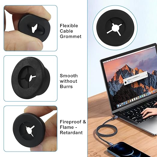 8 Pcs 7/8 Inch (22mm) Cable Grommet, Flexible Rubber Wire Hole Cover Pass Through for Office Computer Desk, Cabinet & Furniture Wire Organizer, Black