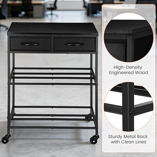 3D Printer Filament Storage Shelf with Drawers& Wheels, Black 2-Tier 3D Printer Filament Metal Stand with Storage, Adjustable Filaments Organzied Rack for Workshop Studio Office, 4 Leveling Feet