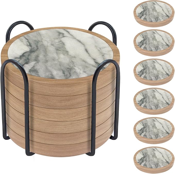 6 Pack Absorbent Coasters Set with Holder Wood Coasters for Drinks Housewarming Gifts for Home Decoration Cup Coasters for Coffee Tabletop Protection 4.3 Inch
