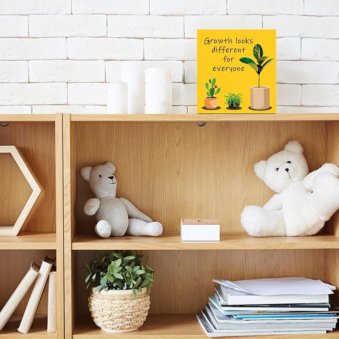 LVQHI Inspirational Desk Sign,Growth Looks Different for Everyone Plant Motivational Wooden Block Sign for Home Bedroom Office Desk Decor Saffron 5“L x 5"W x 1.2"H