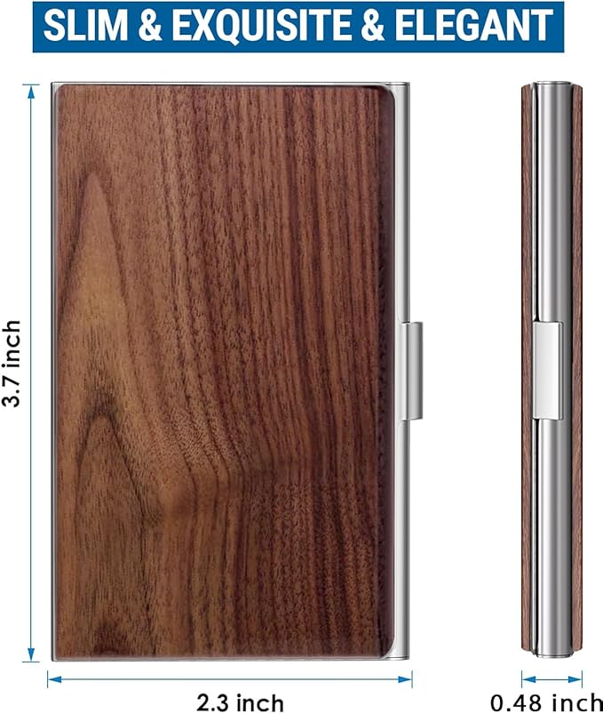 MaxGear Walnut Wood Business Card Holder for Men & Women, Professional Walnut & Stainless Steel Card Case for Business Cards, Slim Name Cards Holders with Interior Lining, Buckle Style Shut, Black