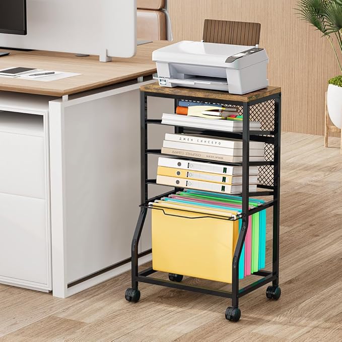INGIORDAR 5-Tier Rolling File Cart, Under Desk Storage Organizer with Lockable Wheels & Mesh Sliding Trays, Multi-Functional Mobile Utility Cart for Office, Home, School, Black