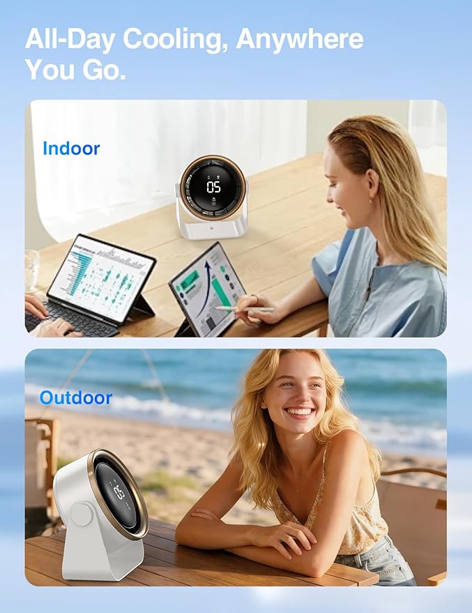 Small Desk Fan, Ultra-Quiet Desktop Air Circulator, Touch Screen Control, Multi-Speed Desktop Fan with LED Light, Quiet Table Fan for Bedroom, USB Rechargeable Small Fan for Desk (White)