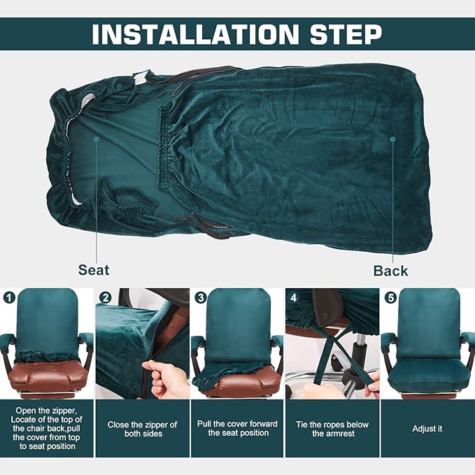 NeColorLife Velvet Office Chair Cover with Armrest Covers - Stretchable High Back Desk Computer Chair Slipcover for Large Rotating Boss Chairs (Large,Lake Blue)