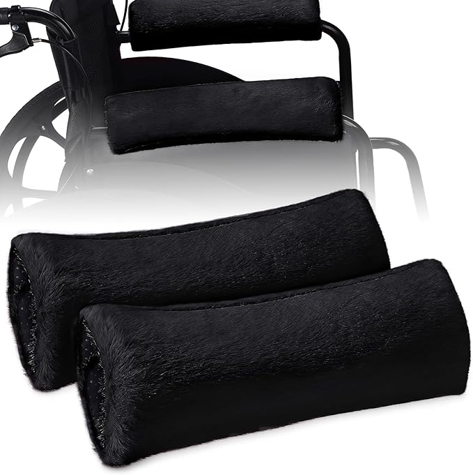 2PCS Wheelchair Armrest Pads with Hook and Loop Straps, Soft & Warm Short-Pile Plush Wheelchair Armrest Pads, Non Slip Arm Rest Covers for Handicapped/Adult, Comfort Foam Wheel Chair Arm Cushion-Black