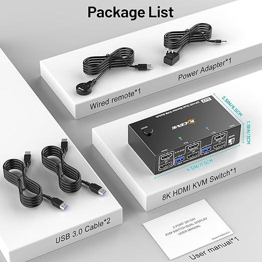 4K@144Hz KVM Switch 2 Monitors 2 Computers 8K@60Hz, MLEEDA HDMI and Displayport Dual Monitor KVM Switch with 4 USB 3.0 Port for Keyboard Mouse Printer, with Wired Remote, Power Adapter and USB Cables