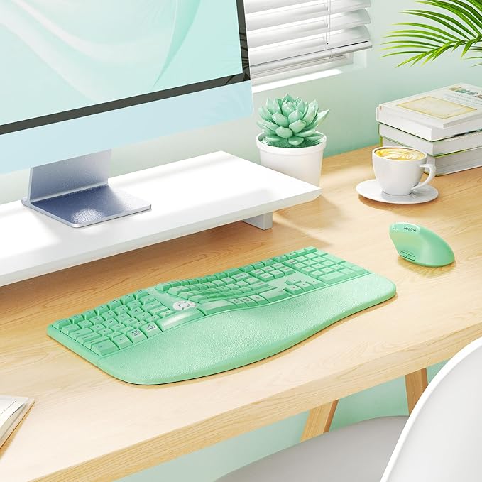 MEETION Ergonomic Keyboard and Mouse, Wireless Keyboard with Vertical Mouse, Split Curved Keyboard with Wrist Rest, Natural Typing USB Receiver Rechargeable Full Size, Windows/Mac/PC/Laptop, GN